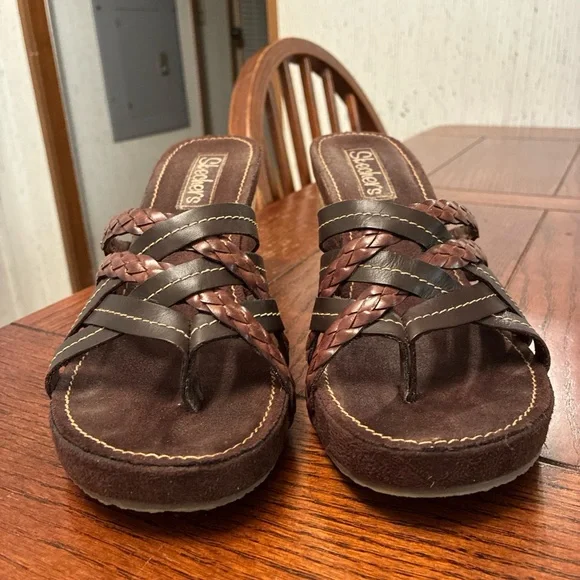 Skechers Leather Cork Wedge Sandals Women’s 10 Chocolate Suede Shoes - Picture 4 of 12